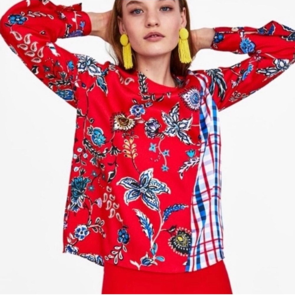 Zara Red Floral and Plaid Women's Blouse